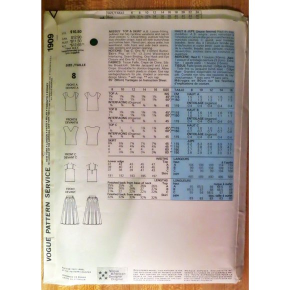 Vtg Flared Skirt and Top Blouse VOGUE Pattern 1909 Misses Ralph Lauren Size 8 Un - Picture 2 of 2